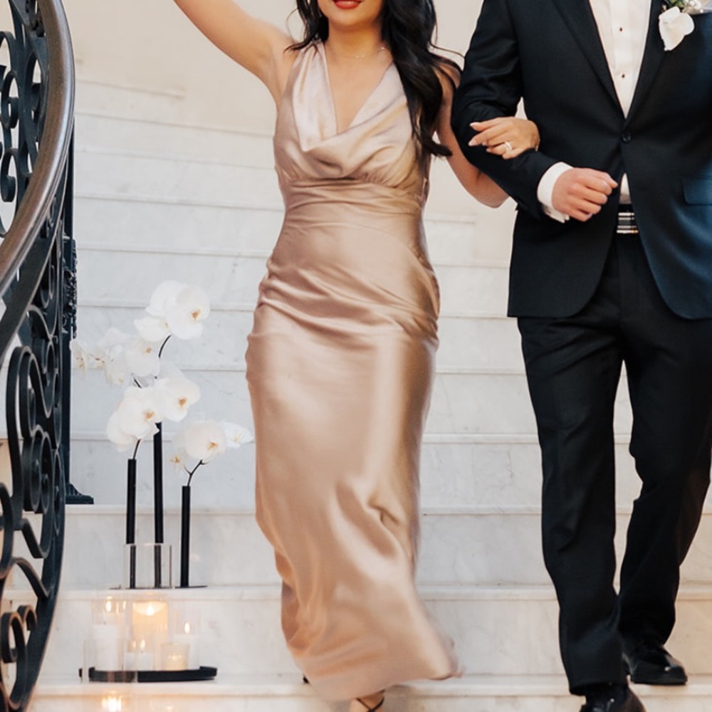 Meshki Champagne Silk Bridesmaid Dress | XS ALTERED FOR PETITE